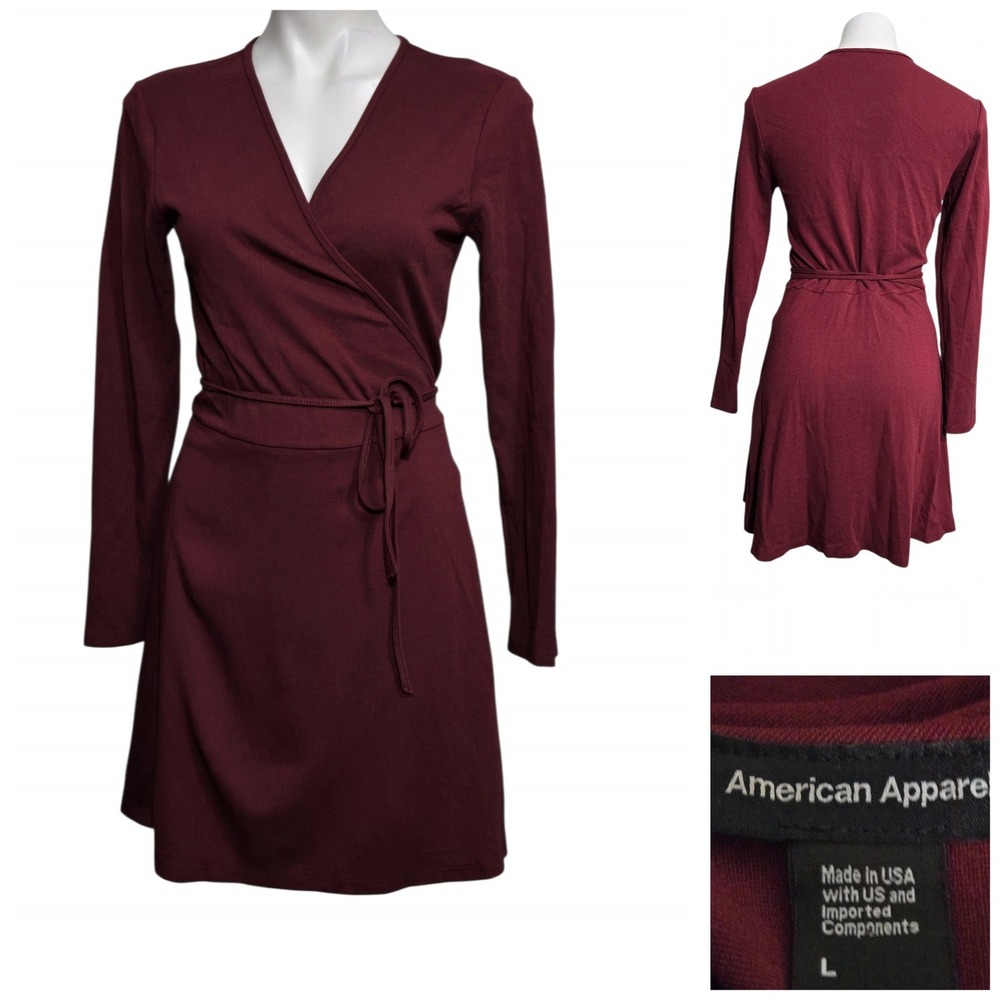 American Apparel Burgundy Wrap Dress Long Sleeve Jersey Knit Mini Wine Red Large